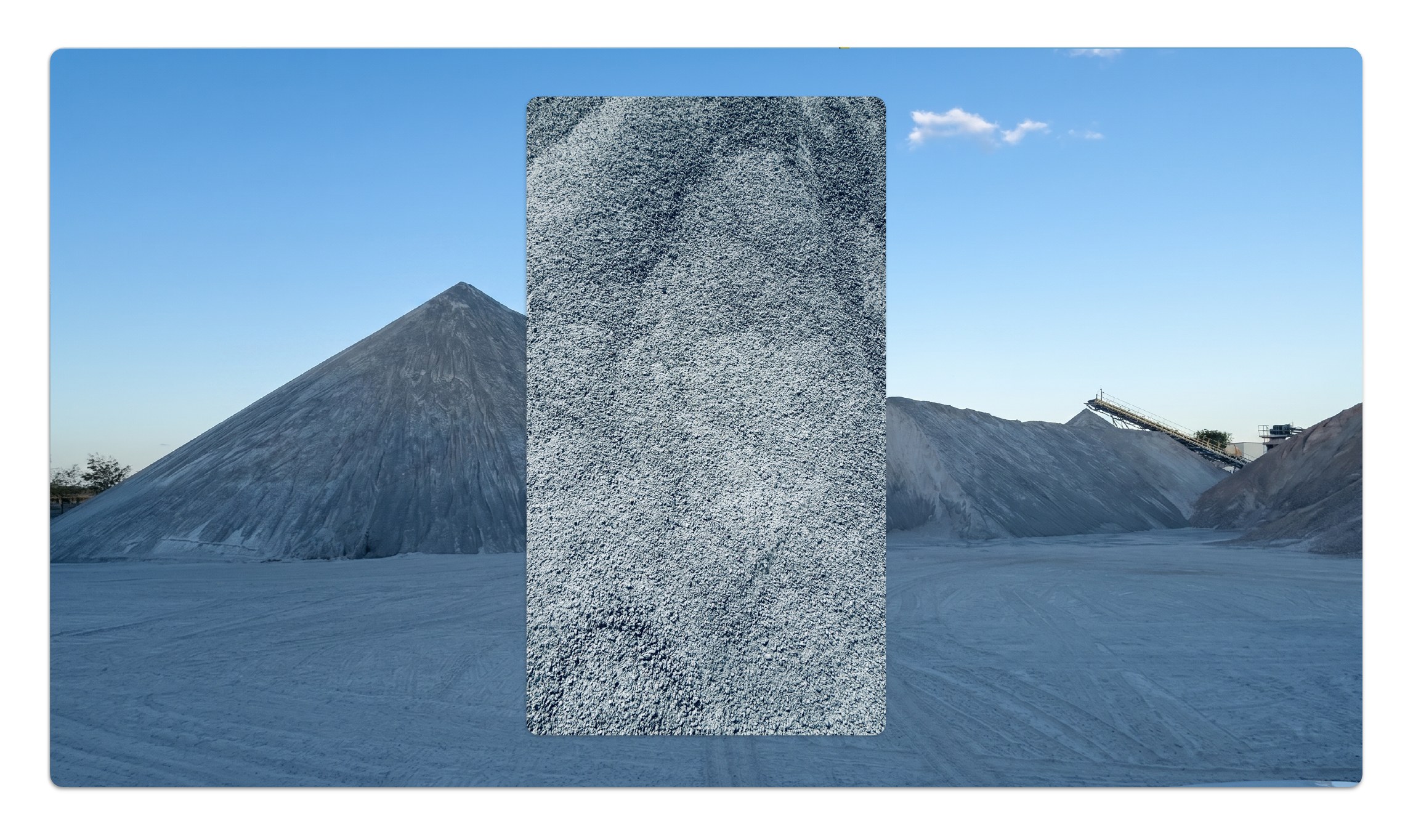 Estoque e detalhe do pó de pedra da Britagem Universo