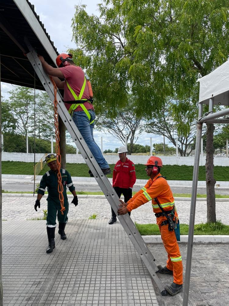 Treinamento de segurança com uso de escada e equipamentos de proteção